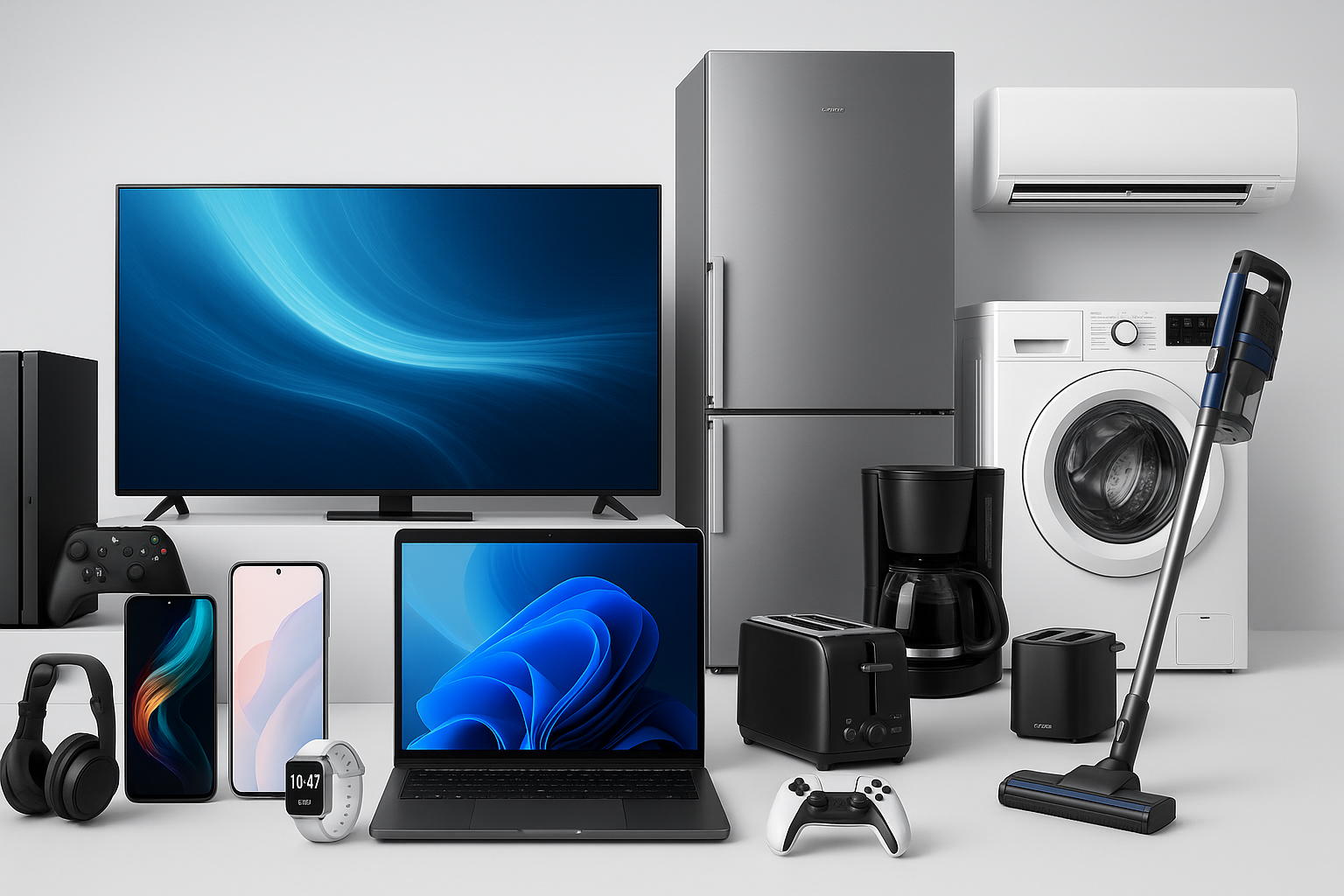 create an image of electronic items for my online store electronic section, in which every electronic gadgets should include even home appliances.